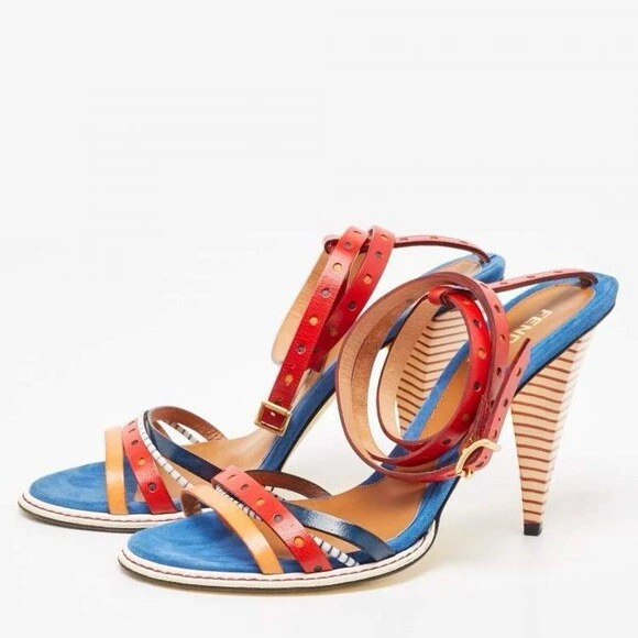Fendi Multicolor Leather Strappy Ankle Wrap Sandal Heels Size 38.5 Designer - Image 2 of 4