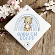 Baby on Board Aluminium Car Window Safety Sign | Blue Rainbow Teddy Bear