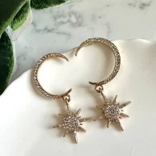 Goodnight Moon Gold Crescent Moon Earrings Star Rhinestone Celestial Jewelry NEW