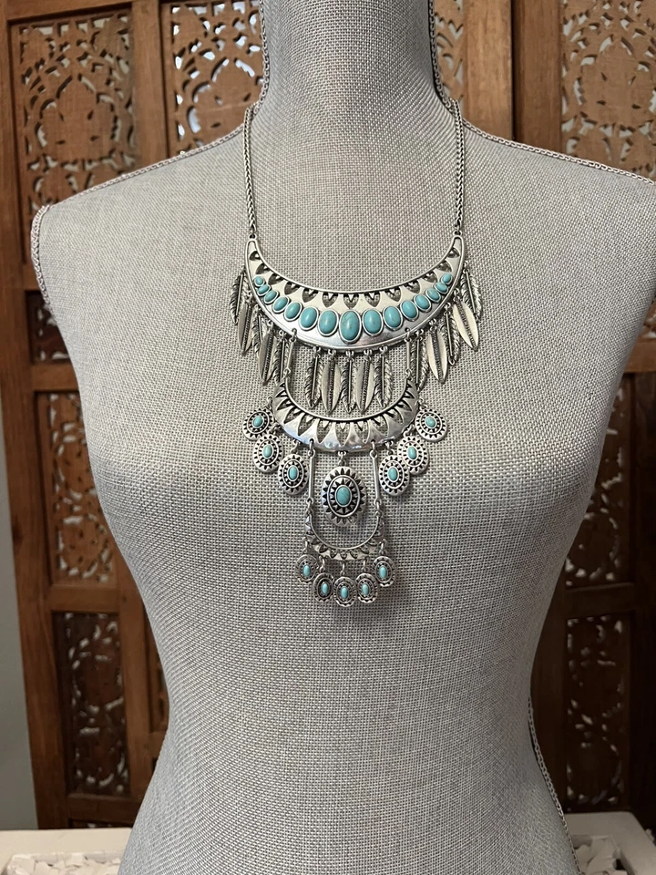 Lucky Brand Bib Necklace Silver Tone Faux Turquoise Statement Jewelry Bohemian - Image 2 of 4