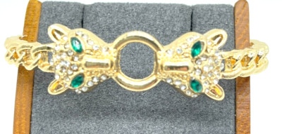 Ring/Bracelet. Gold Tone Tiger Head g w/Emerald Green Crystal Eyes. Sz 7