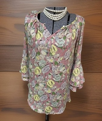 Chaps by Ralph Lauren Top Size M Romantic Key Hole Neck Shirt Flutter Sleeve