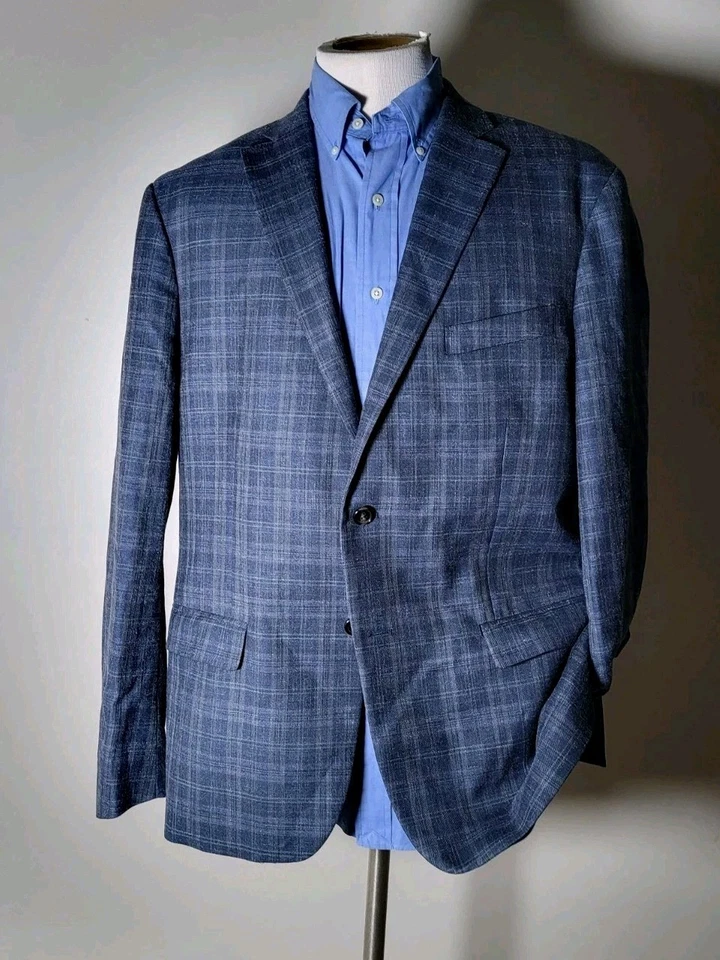 46R Ralph Lauren SILK WOOL LINEN plaid blue Black Gray Blazer Jacket Sport Coat - Image 2 of 4