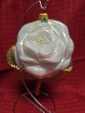 Kurt S Adler Polonaise Glass Ornament White Rose with Gold Leaf - Vatican Series