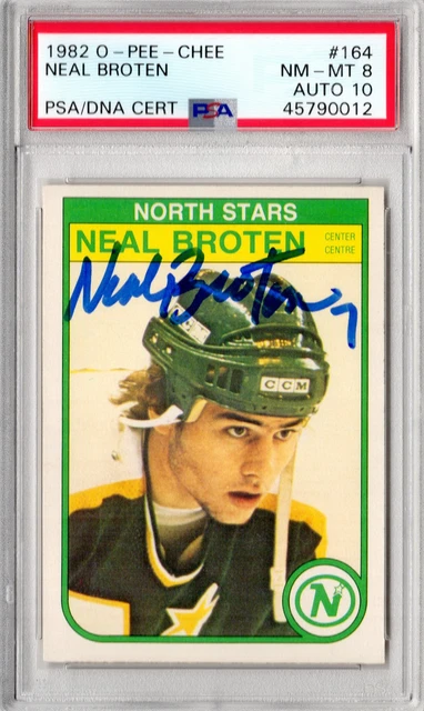 1982 O-Pee-Chee Neal Broten Minnesota North Stars signiert RC PSA 8 DNA Auto 10