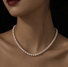 Real Freshwater White Pearl Necklace 5-6mm Choker S925 Silver Clasp Gift For Her