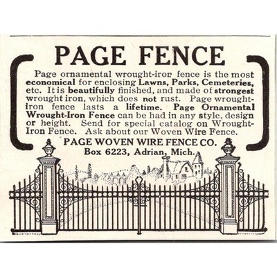 Page Woven Wire Fence Co. Ornamental Adrian MI 1908 Magazine Ad SAH1-S2