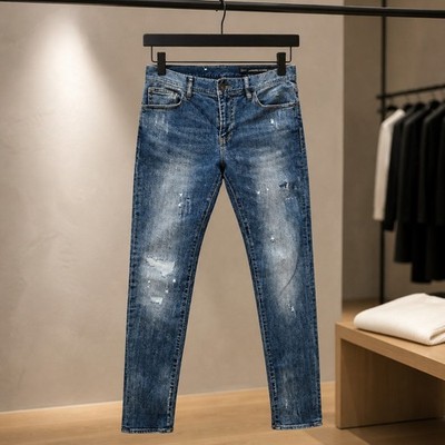 ARMANI EXCHANGE Jeans Men 32 Blue Wash Slim Fit J13 Destroyed Patchwork Whiskers