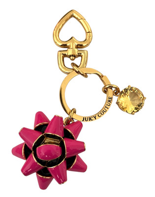 Juicy Couture Cluster Enamel Key Chain Charm Pink Bow Gold Tone Faux Yellow Gem