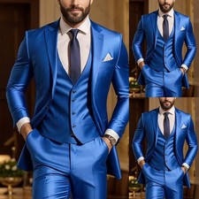 Luxury Blue Satin Men Suit Single-breasted Peak Lapel 3 Pieces Male Formal
