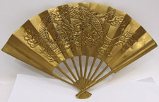 Solid Brass Hand Fan Oriental Dragon Phoenix Design Wall Hanging 11.5" X 7  VTG