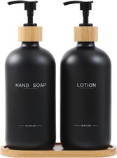 Black Soap Dispenser Bathroom Set  Bamboo Pumps  Tray Hand Soap and Lotion