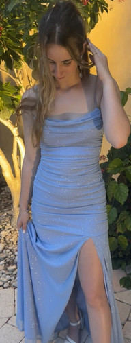Light Blue Formal Evening Gown with Slit, Spaghetti Straps, Elegant Long Dress