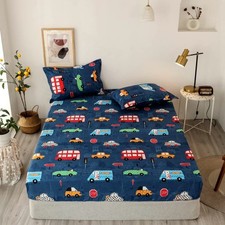 Fitted Sheet Boys Cute Cartoon Cars Bed Sheet Set King for Children Bedroom D...