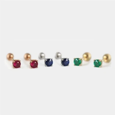Natural Mini Emerald/Ruby /Sapphire 18K Gold Stud Earrings - Image 1 of 4