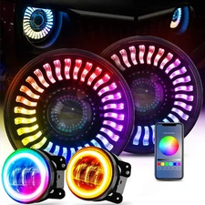 7" RGB LED Headlights Demon Chasing DRL Combo Kit& 4" Fog Lights for Wrangler JK