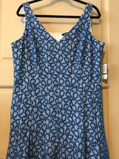 Women Blue White Dress 16 Swirls Lace Overlay Career Sleeveless XL $89 New