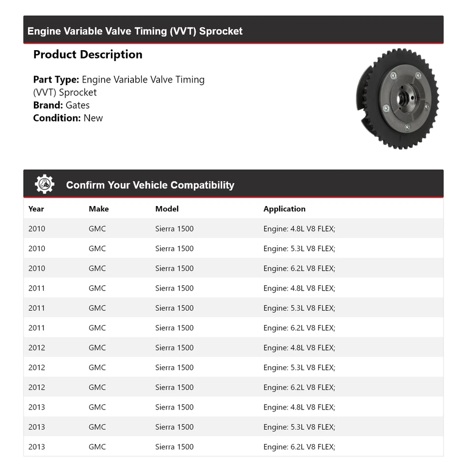 Portões de roda dentada para motor GMC Sierra 1500 2010-2013 válvula variável temporização (VVT) - Imagem 2 de 4