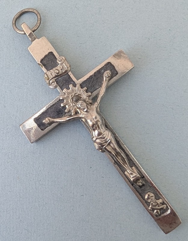 Large Vintage German Pectoral Crucifix Skull Crossbones Silver & Ebony