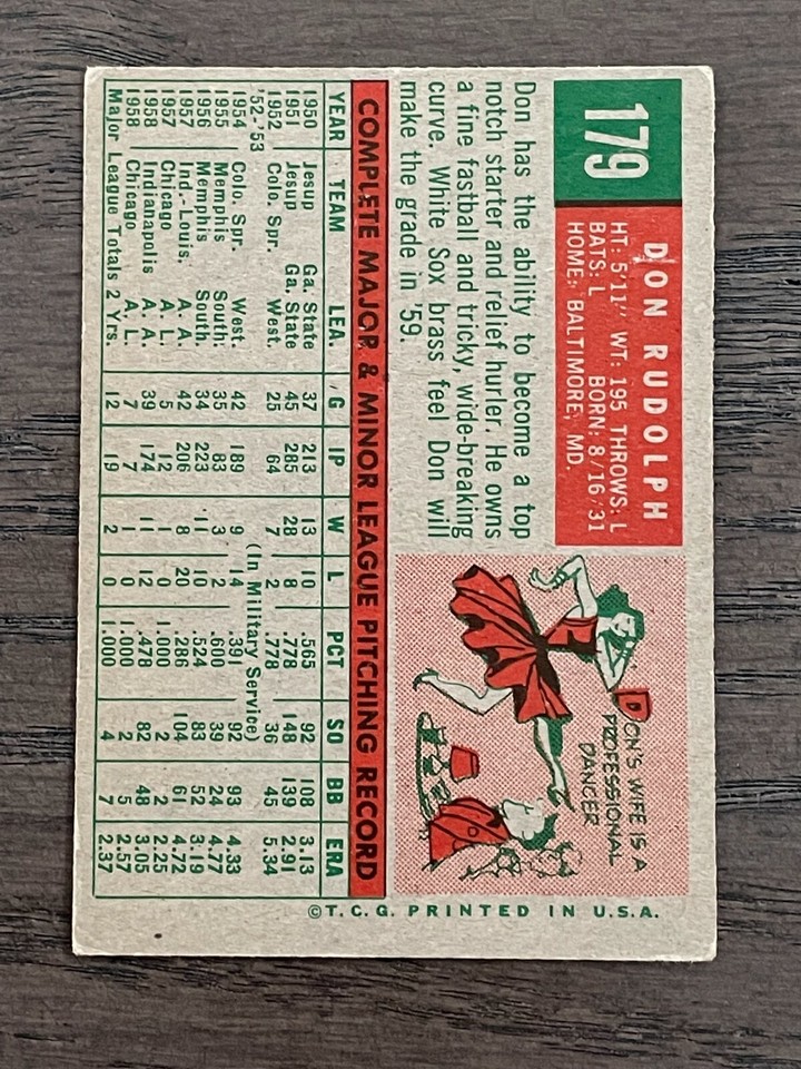 1959 Topps Don Rudolph #179 Chicago White Sox (Marked) | eBay