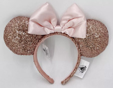 Minnie Mouse Ears 2022 Rose Gold Disney Parks Pink Bow Satin Headband Sequin
