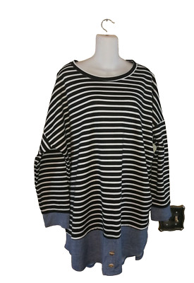 Women's Beautiful Eloges Black White Blue Striped Soft Stretch Cozy Top Size 3X