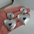 Heart Large 2-1/8" Stud Earrings Thailand Sterling 925 Silver Blue Lapis Concho