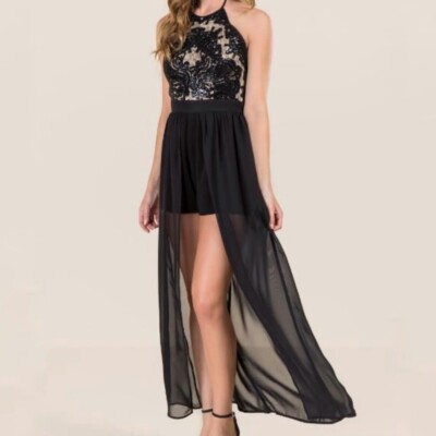 Francesca s Size S Cate High Neck Maxi Romper Dress Black Lace Halter NWT