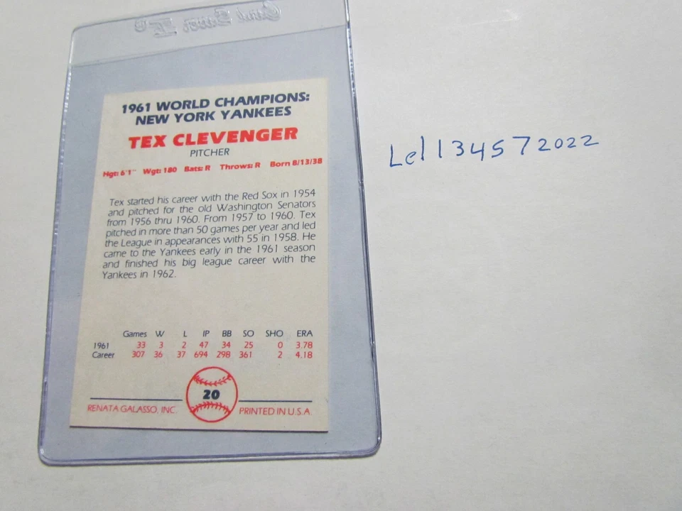 Renata Galasso Tex Clevenger signed Baseball Card - Image 2 of 2