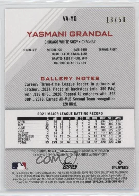 2022 Topps Gallery Veterans Auto Blue /50 Yasmani Grandal #VA-YG Auto - Image 2 of 2