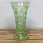 Imperial Beaded Block Depression Uranium Glass Floral Vase Glows Under UV Light