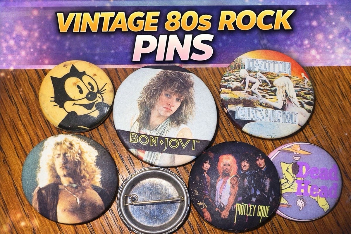 Vintage 80s Rock Band Pin Button Lot Bon Jovi Motley Crue Led 