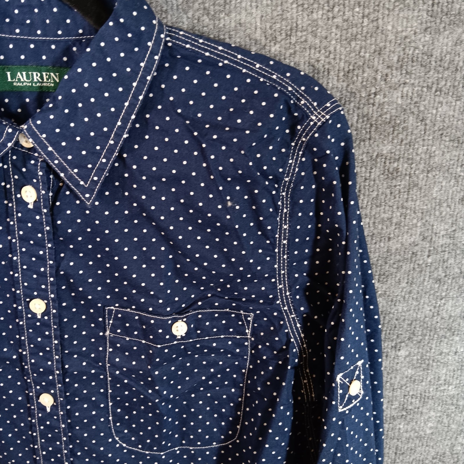 Lauren Ralph Lauren Dress Shirt Button Up Blue Polka Dots Contrast Stitched