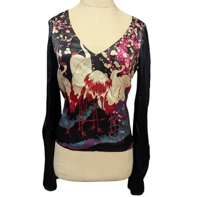 Anthropologie Fillipa Satin Silk Crane Blouse Coquette Girl Boho Split Arms Sz 4