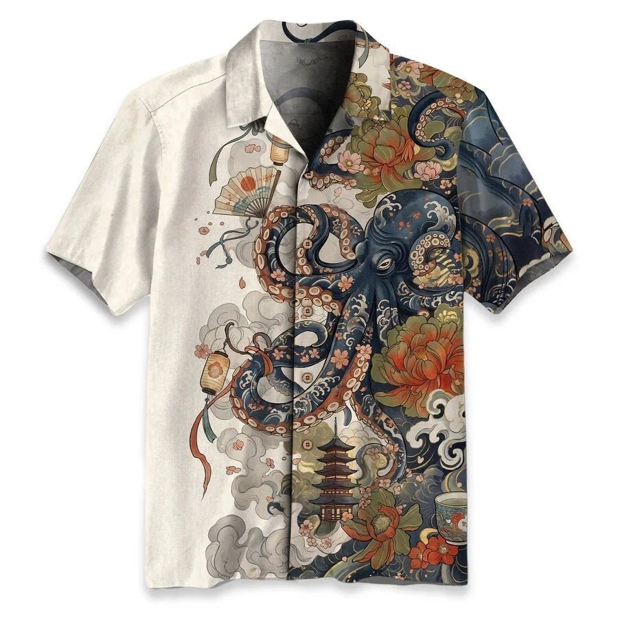 Japanese Ukiyo-e Octopus Peony Flowers Hawaiian Shirt Men Short Sleeve Button Up