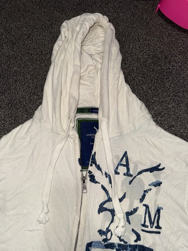 Vintage Y2K American Eagle Full Zip Hoodie Men’s XXL Cream Graphic Sweatshirt - Picture 3 of 10