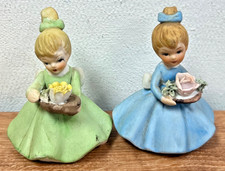 NAPCOWARE Flower Girl Blue C8614 & Green Porcelain Pair of 2 Vintage