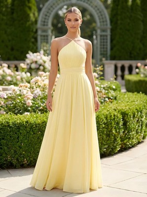 yellow pleated chiffon dress KissProm
