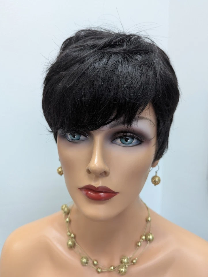 Peluca recta sintética corta lisa Whispy Bangs color 1B negro apagado Foto 2 de 4