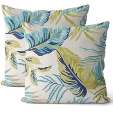 Green Blue Tropical Leaf Pillow Covers 24x24 Inch Set of 2 Palm Leaves Pillow...
