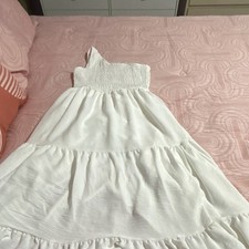 White One Shoulder Maxi Dress Cotton Ruffle Accents Smocked Sleeveless Woven