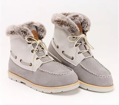 New Lamo Water Resistant Lace Up Boots Autumn Grey Faux Fur Suede Size 9 NIB