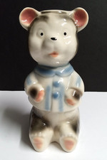 Adorable Ceramic Teddy Bear in Blue Coat Baby Room Lamp BASE ONLY 8"h c1950s