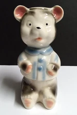 Adorable Ceramic Teddy Bear in Blue Coat Baby Room Lamp BASE ONLY 8"h c1950s