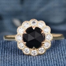 3.50ct Round Cut Natural Onyx  Diamond Engagement Ring 18K Yellow Gold Plated