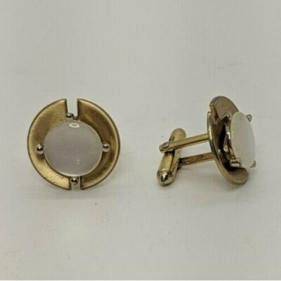 Swank Cufflinks Round Vintage Gold Tone Milky White Stone