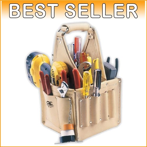 Tan Leather Electrician's Tool Carrier with Box-Shaped Design - 17 Pockets