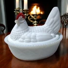 Vintage Westmoreland White Milk Glass Hen On Nest With Red Comb Candy Dish 5.5"