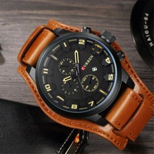 CURREN Men Military Quartz Watch Large Dial Casual Leather Strap Wristwatch