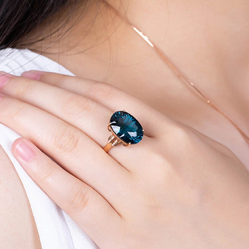 Новые классические большие овальные женские регулируемые кольца с голубым топазом из розового золота с лондонскими камнями - Изображение 3 из 4